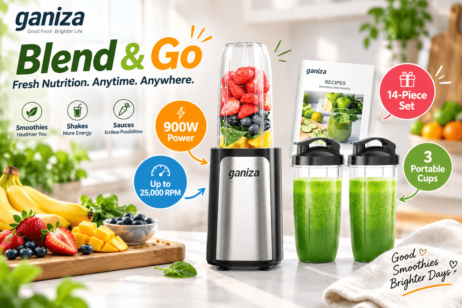 Ganiza 900W Personal Blender 14-piece set on a kitchen counter with fresh berries and spinach, featuring three portable travel cups full of green smoothies.