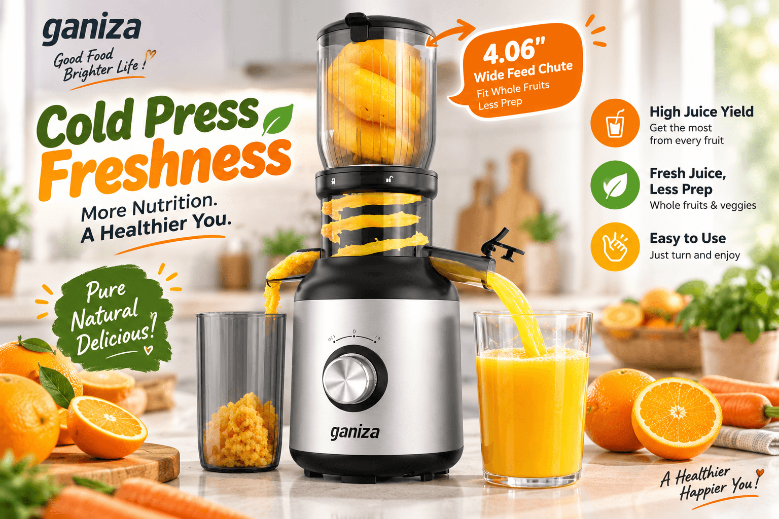 Ganiza Cold Press Juicer extracting fresh orange juice, highlighting its 4.06-inch wide feed chute that fits whole fruits for maximum nutrition.