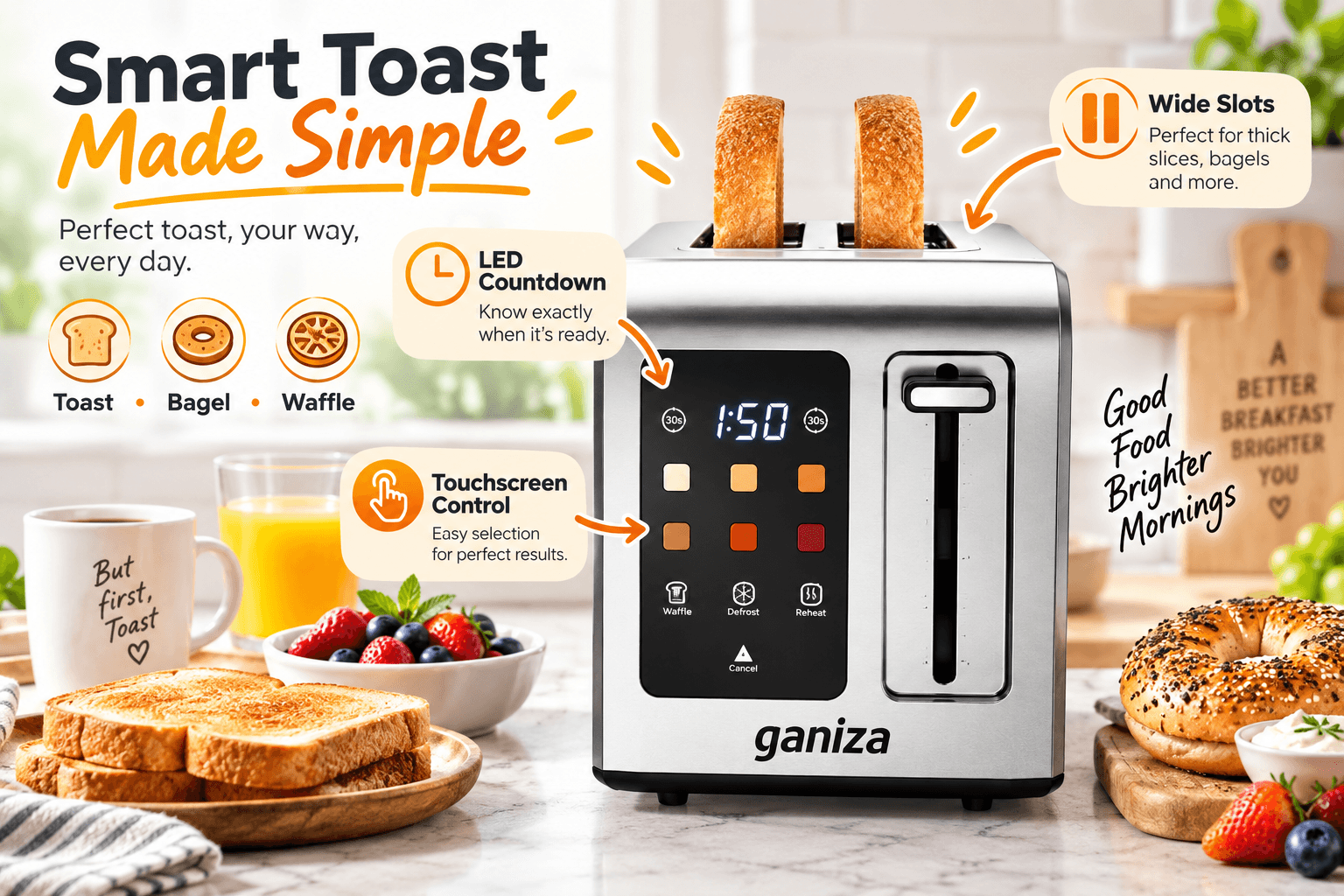 Ganiza Smart 2-Slice Toaster with a digital LED countdown and touchscreen control panel, popping up perfectly browned bread in a bright kitchen setting.