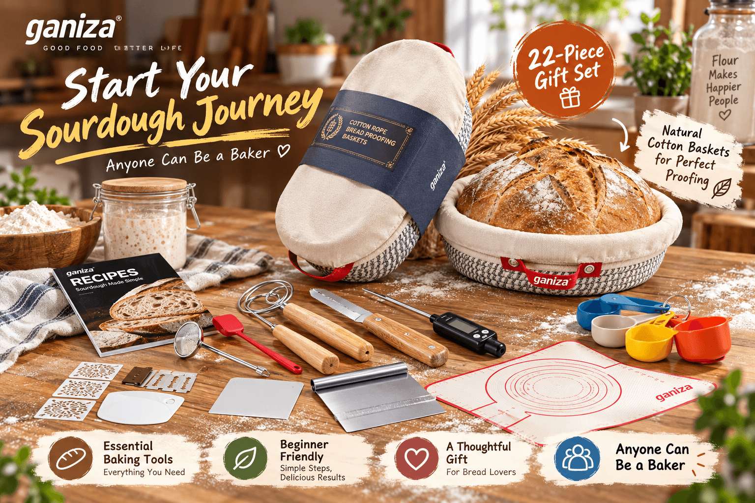 Ganiza 22-Piece Sourdough Proofing Basket Gift Set spread across a wooden table, featuring natural cotton baskets, a freshly baked artisan loaf, scoring tools, and a baking mat.