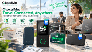 An advertisement image for the GlocalMe UPP 4G Pocket WiFi, shown as a black, rounded portable router in a scenic travel and work setting with a laptop, passport, airline tickets, and a coffee mug. The image lists key features of the product, including coverage in over 200 countries and regions, 1GB of global data for 90 days, no SIM card or contract requirement, connection for up to 8 devices, and access to 390+ carrier networks. Marketing text includes 'Global Internet In Your Pocket' and 'Work Anywhere'.