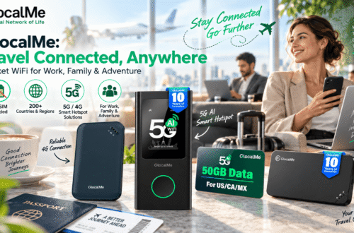 An advertisement image for the GlocalMe UPP 4G Pocket WiFi, shown as a black, rounded portable router in a scenic travel and work setting with a laptop, passport, airline tickets, and a coffee mug. The image lists key features of the product, including coverage in over 200 countries and regions, 1GB of global data for 90 days, no SIM card or contract requirement, connection for up to 8 devices, and access to 390+ carrier networks. Marketing text includes 'Global Internet In Your Pocket' and 'Work Anywhere'.