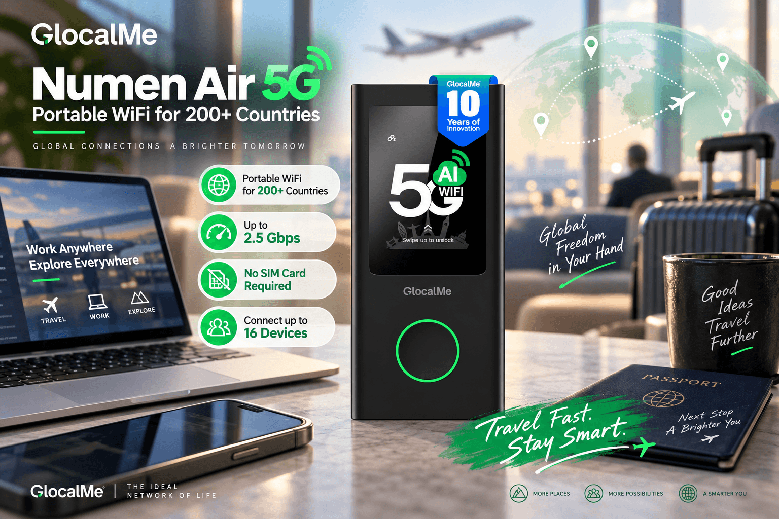 An advertisement image for the GlocalMe Numen Air 5G Portable WiFi, featuring the black device with a touch screen labeled with a '5G AI WIFI' logo. The device is placed in a travel and business-themed setting with a laptop, smartphone, passport, luggage, a coffee mug, and a plane in the background. It highlights features like 2.5 Gbps speed, connectivity in over 200 countries, no SIM card requirement, and connection for up to 16 devices. Marketing text includes 'Global Freedom in Your Hand' and 'Travel Fast. Stay Smart.'.