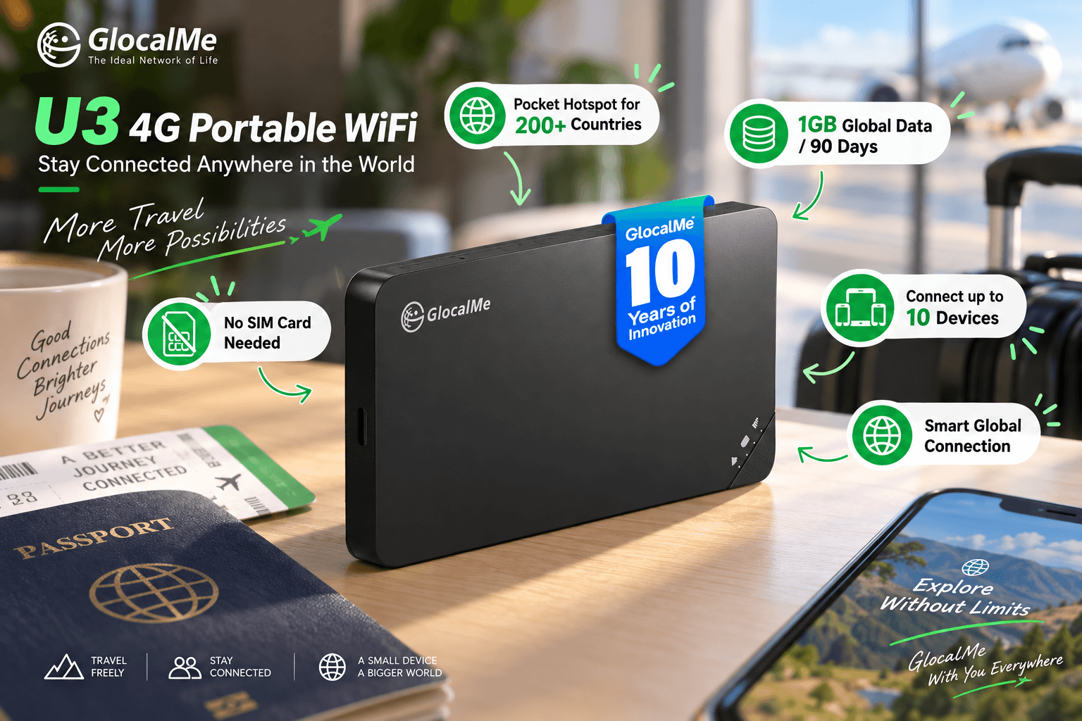 An advertisement image for the GlocalMe U3 4G Portable WiFi, shown as a slim, black device without a screen. It sits on a table amidst travel essentials including a passport, airline ticket, smartphone, luggage, and a coffee mug. The image emphasizes the tagline 'Stay Connected Anywhere in the World' and features like coverage for 200+ countries, 1GB global data for 90 days, connection for up to 10 devices, and no SIM card needed. Text also includes 'A Small Device A Bigger World'.