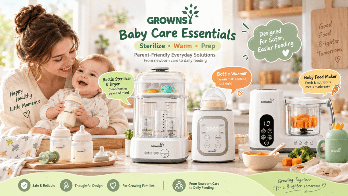 A mother and baby with GROWNSY baby care products including a bottle sterilizer & dryer, a bottle warmer, and a baby food maker.