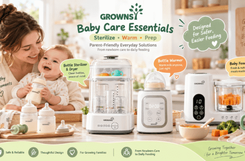 A mother and baby with GROWNSY baby care products including a bottle sterilizer & dryer, a bottle warmer, and a baby food maker.