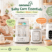 A mother and baby with GROWNSY baby care products including a bottle sterilizer & dryer, a bottle warmer, and a baby food maker.