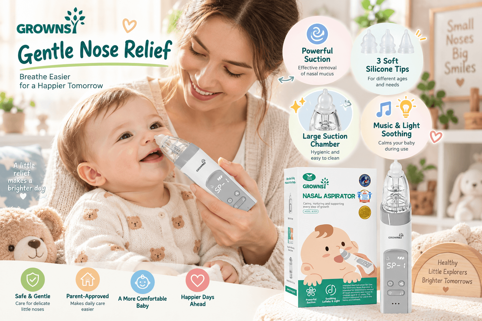 A mother uses a GROWNSY electric nasal aspirator on a smiling baby, with icons and text highlighting features like powerful suction, silicone tips, and music and light soothing.