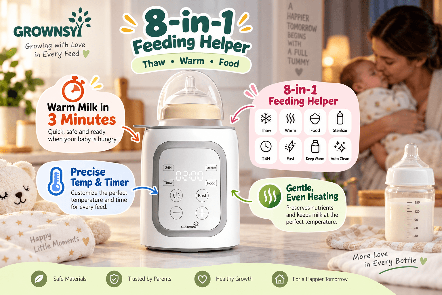 A close-up of a GROWNSY 8-in-1 baby bottle warmer and feeding helper with a digital display and control panel, holding a milk bottle and showing icons for various functions.