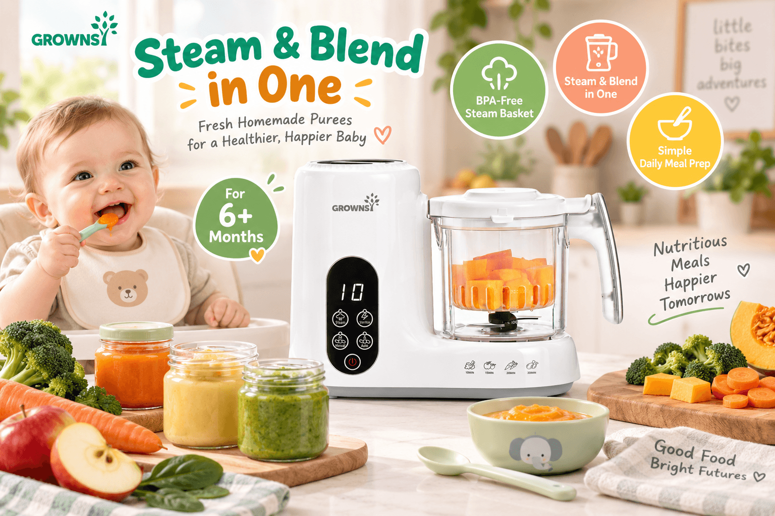 A baby in a high chair eating, with a GROWNSY steam and blend baby food maker on a table surrounded by fresh vegetables and jars of homemade puree.