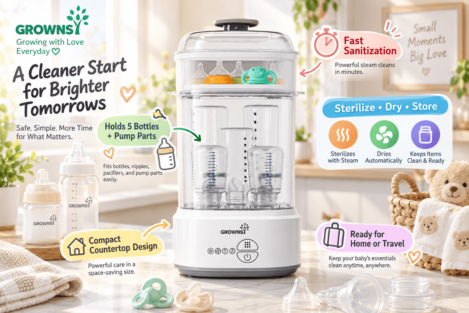 A GROWNSY multi-layer steam sterilizer and dryer for baby bottles and pump parts, showing how it fits different sized items and highlighting its sanitization process.