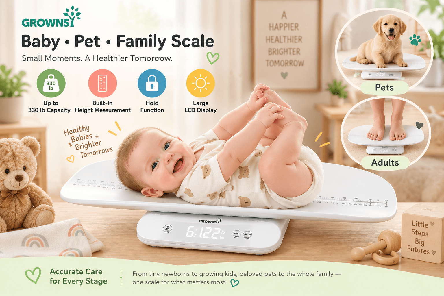 A GROWNSY digital scale with a baby lying on it, with inset images of a pet dog on the scale and a person's feet on it, showcasing its capacity for weighing babies, pets, and the whole family.