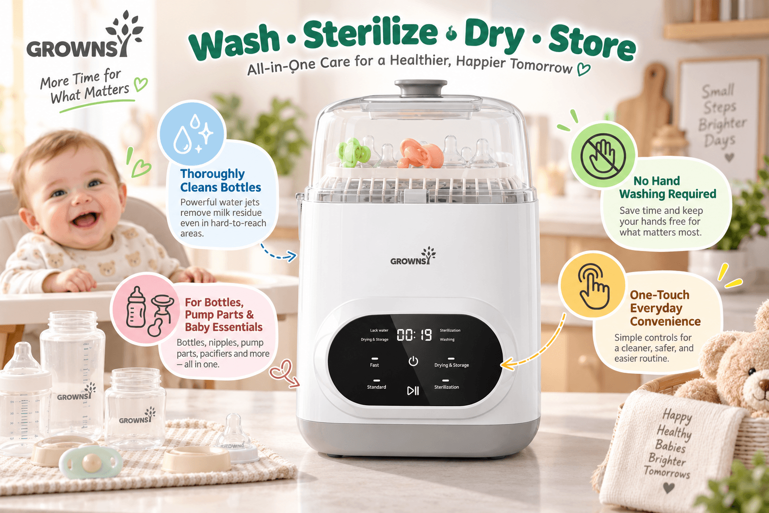 A GROWNSY EaseClean all-in-one baby bottle washer, sterilizer, and dryer, showing bottles inside and highlighting its features for thorough cleaning and convenience.