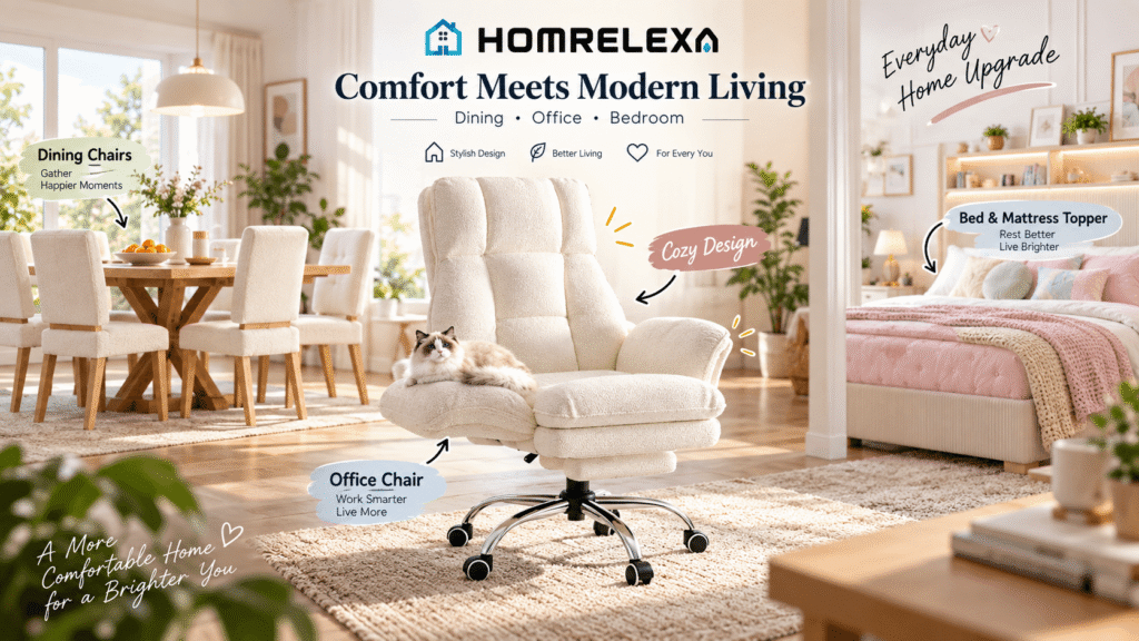 HOMRELEXA lifestyle hero image featuring a plush cream office chair with a cat, upholstered dining chairs, and a cozy bedroom. Annotations highlight modern comfort across dining, office, and bedroom spaces.