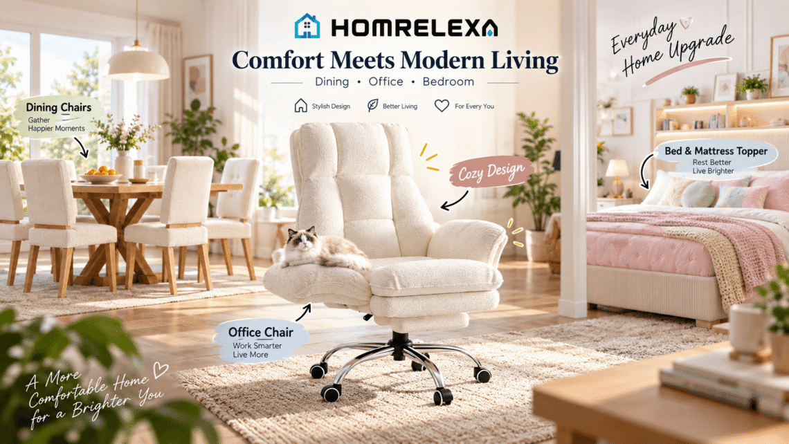 HOMRELEXA lifestyle hero image featuring a plush cream office chair with a cat, upholstered dining chairs, and a cozy bedroom. Annotations highlight modern comfort across dining, office, and bedroom spaces.