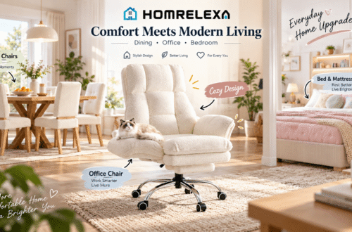HOMRELEXA lifestyle hero image featuring a plush cream office chair with a cat, upholstered dining chairs, and a cozy bedroom. Annotations highlight modern comfort across dining, office, and bedroom spaces.