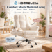 HOMRELEXA lifestyle hero image featuring a plush cream office chair with a cat, upholstered dining chairs, and a cozy bedroom. Annotations highlight modern comfort across dining, office, and bedroom spaces.