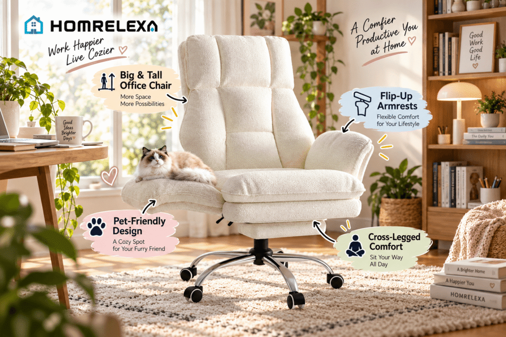 HOMRELEXA cream Big & Tall office chair in a bright home office with a cat resting on the seat. Graphic callouts highlight flip-up armrests, pet-friendly design, and spacious cross-legged comfort.