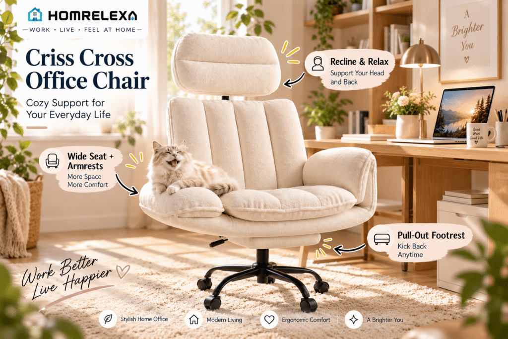 HOMRELEXA cream Criss Cross office chair styled in a warm home workspace. The wide cushioned seat, padded armrests, reclining support, wheels, and pull-out footrest are highlighted with playful annotations.