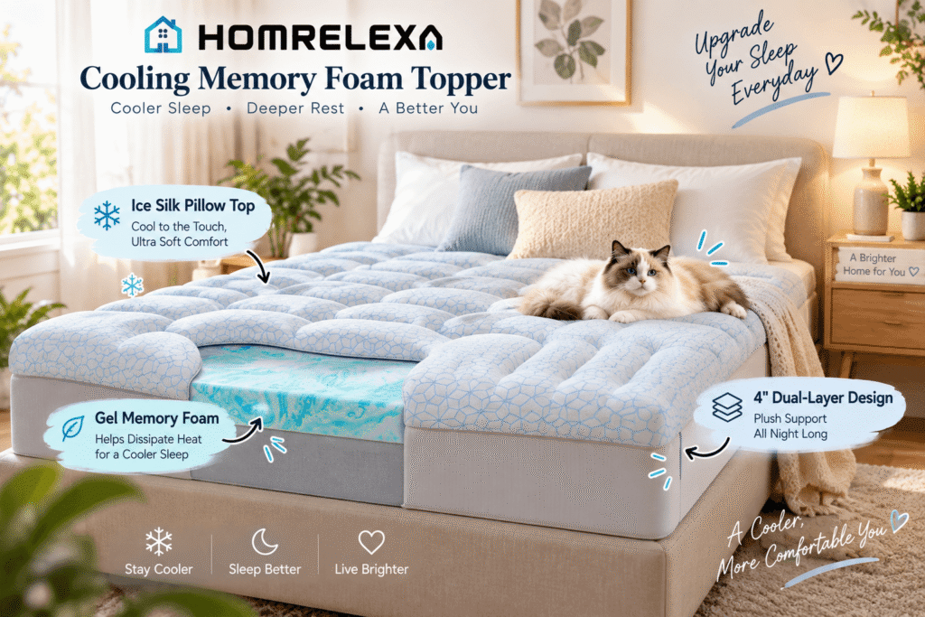 HOMRELEXA cooling memory foam mattress topper on a bright bedroom bed, showing a light blue quilted Ice Silk pillow top and gel memory foam layer. Callouts emphasize the 4-inch dual-layer cooling design.