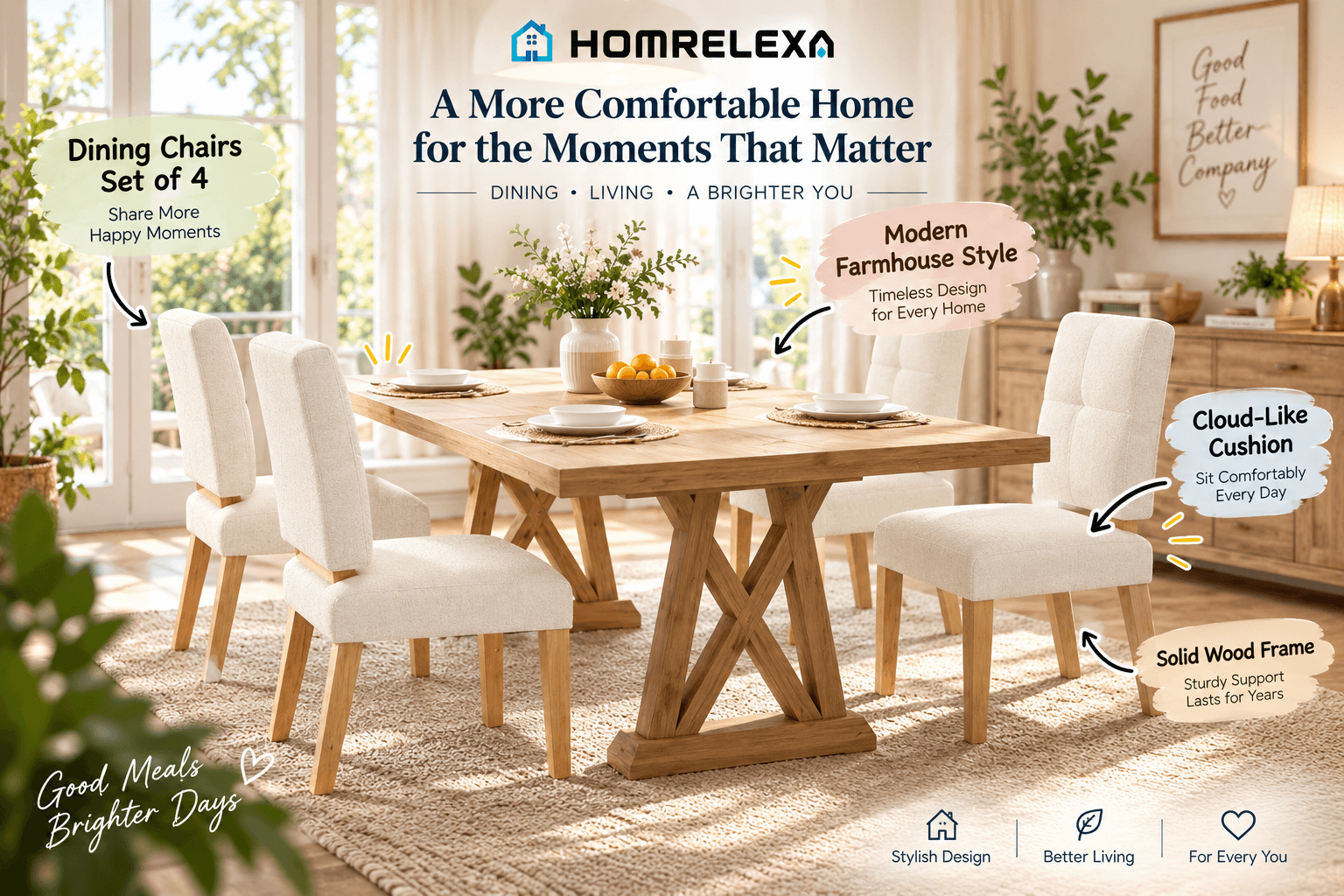 HOMRELEXA set of four cream upholstered dining chairs around a natural wood table in a sunlit farmhouse-style dining room. Annotations highlight cloud-like cushions, modern farmhouse styling, and solid wood frames.