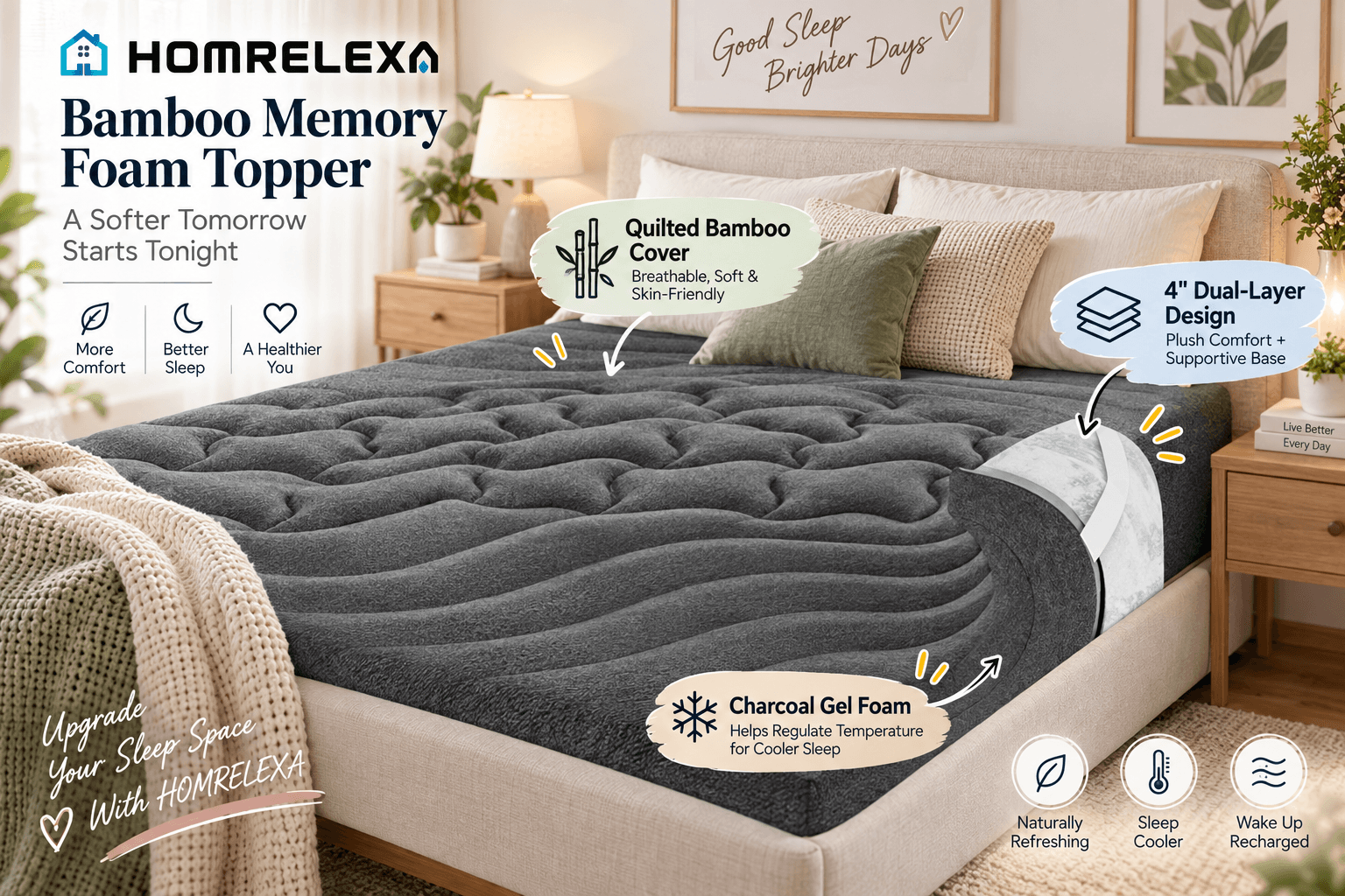 HOMRELEXA dark gray bamboo memory foam mattress topper in a calm modern bedroom. A cutaway view and callouts showcase the quilted bamboo cover, 4-inch dual-layer construction, and charcoal gel foam.