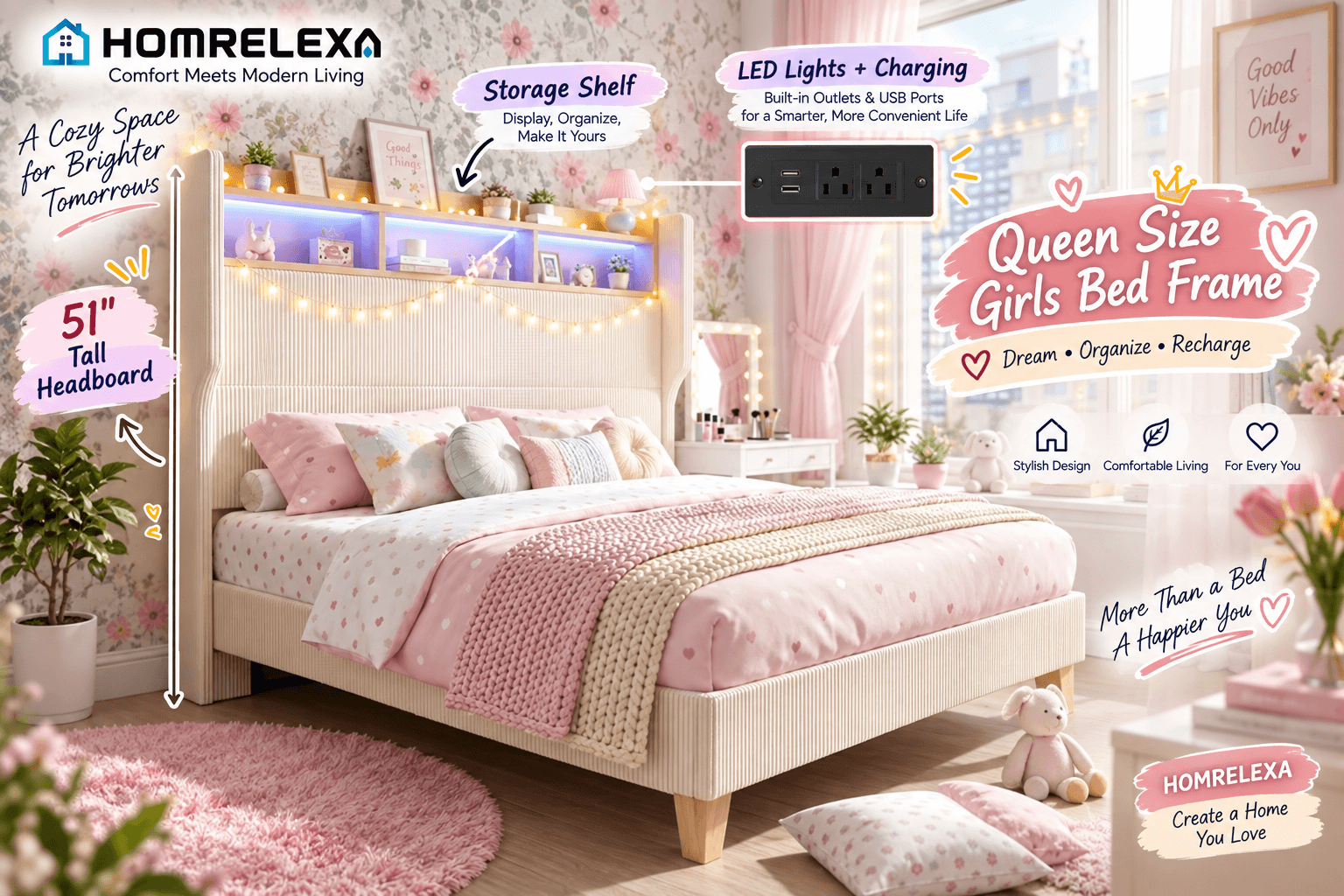HOMRELEXA cream queen-size girls bed frame in a pink pastel bedroom, featuring a 51-inch tall upholstered headboard, storage shelf, colorful LED lights, and built-in AC and USB charging station.