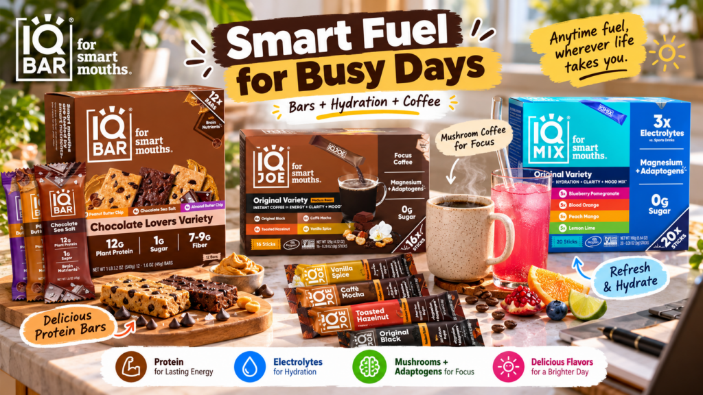 IQBAR lifestyle hero featuring IQBAR protein bars, IQJOE mushroom coffee, and IQMIX electrolyte drink mix on a bright kitchen workspace, with coffee, a pink hydration drink, snacks, fruit, and colorful callouts highlighting protein, hydration, and focus support.