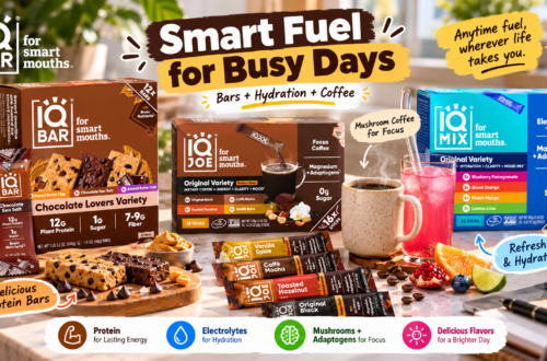IQBAR lifestyle hero featuring IQBAR protein bars, IQJOE mushroom coffee, and IQMIX electrolyte drink mix on a bright kitchen workspace, with coffee, a pink hydration drink, snacks, fruit, and colorful callouts highlighting protein, hydration, and focus support.
