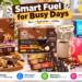 IQBAR lifestyle hero featuring IQBAR protein bars, IQJOE mushroom coffee, and IQMIX electrolyte drink mix on a bright kitchen workspace, with coffee, a pink hydration drink, snacks, fruit, and colorful callouts highlighting protein, hydration, and focus support.