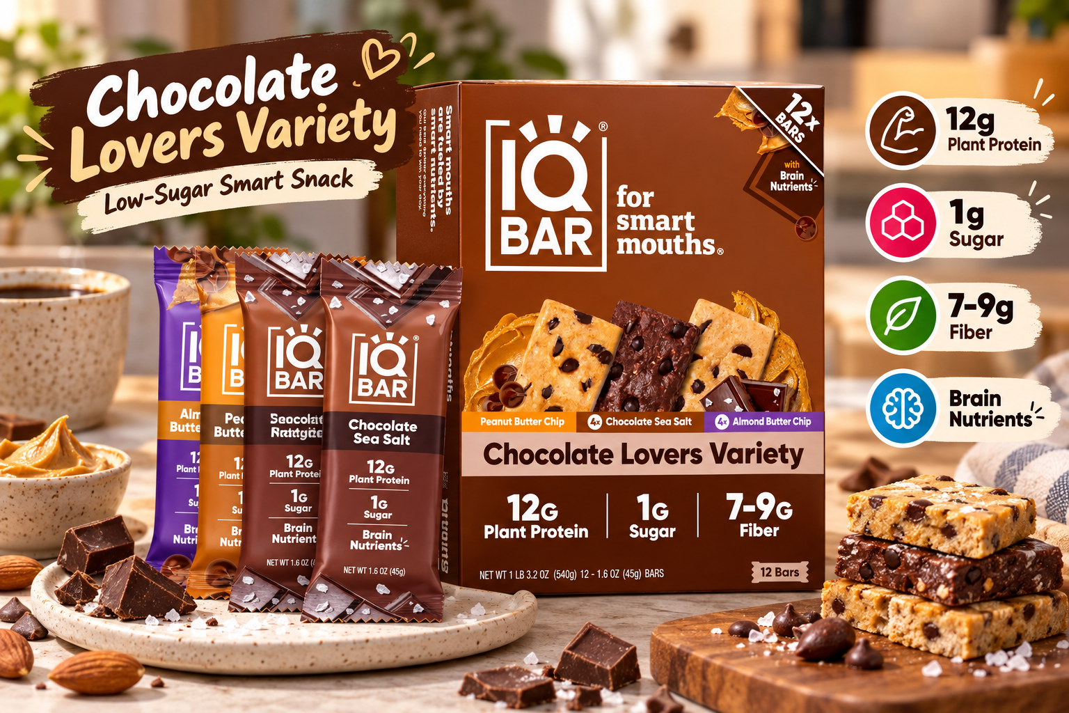 IQBAR Chocolate Lovers Variety protein bars displayed in a warm kitchen snack scene with the brown 12-bar variety box, individually wrapped bars, chocolate pieces, nuts, peanut butter, and stacked snack bars. Graphic callouts highlight 12g plant protein, 1g sugar, and 7–9g fiber.