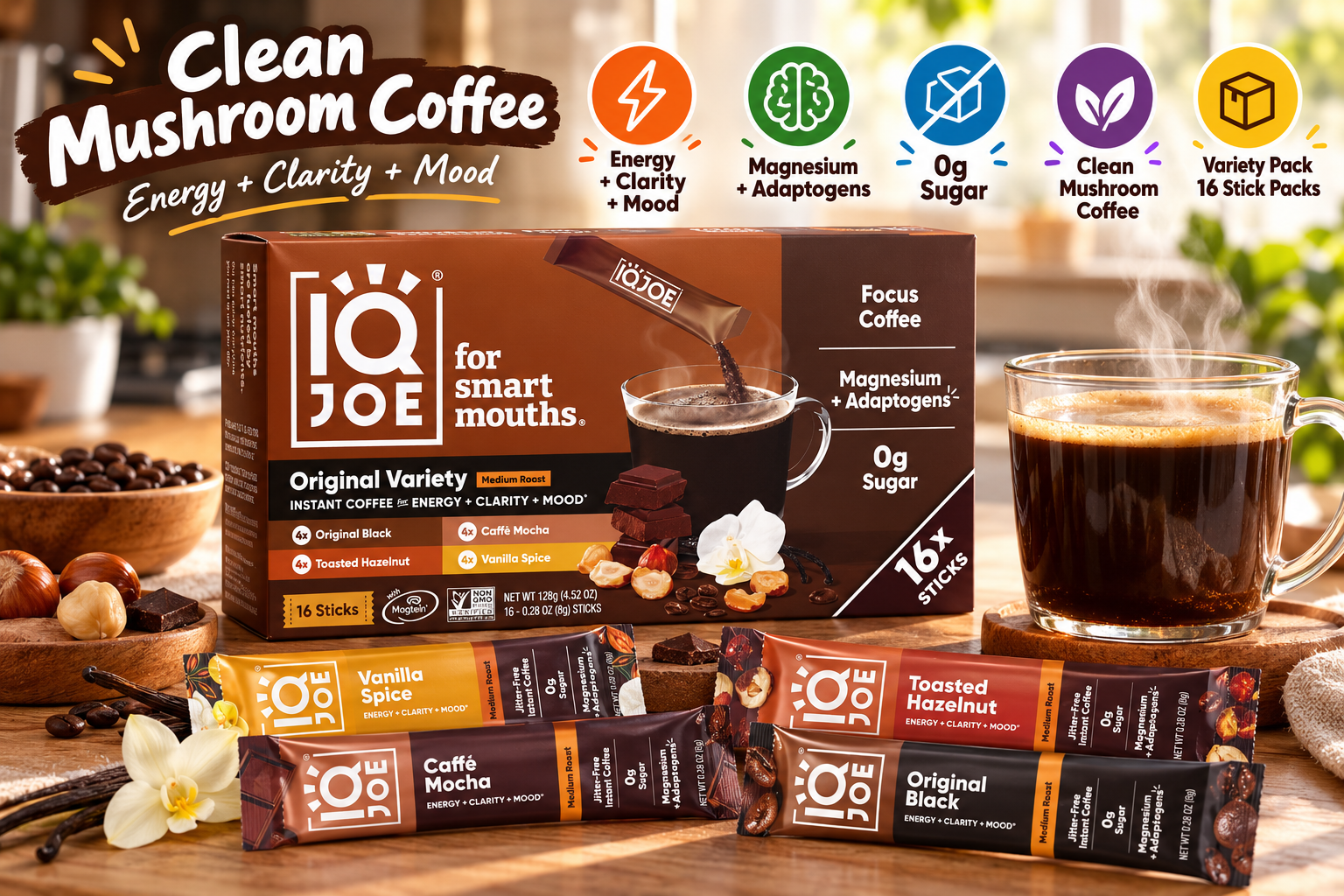 IQJOE instant mushroom coffee variety pack displayed on a warm wooden countertop beside a steaming cup of black coffee. Four stick flavors—Vanilla Spice, Caffè Mocha, Toasted Hazelnut, and Original Black—are shown with callouts for energy, clarity, mood, magnesium, adaptogens, and 0g sugar.