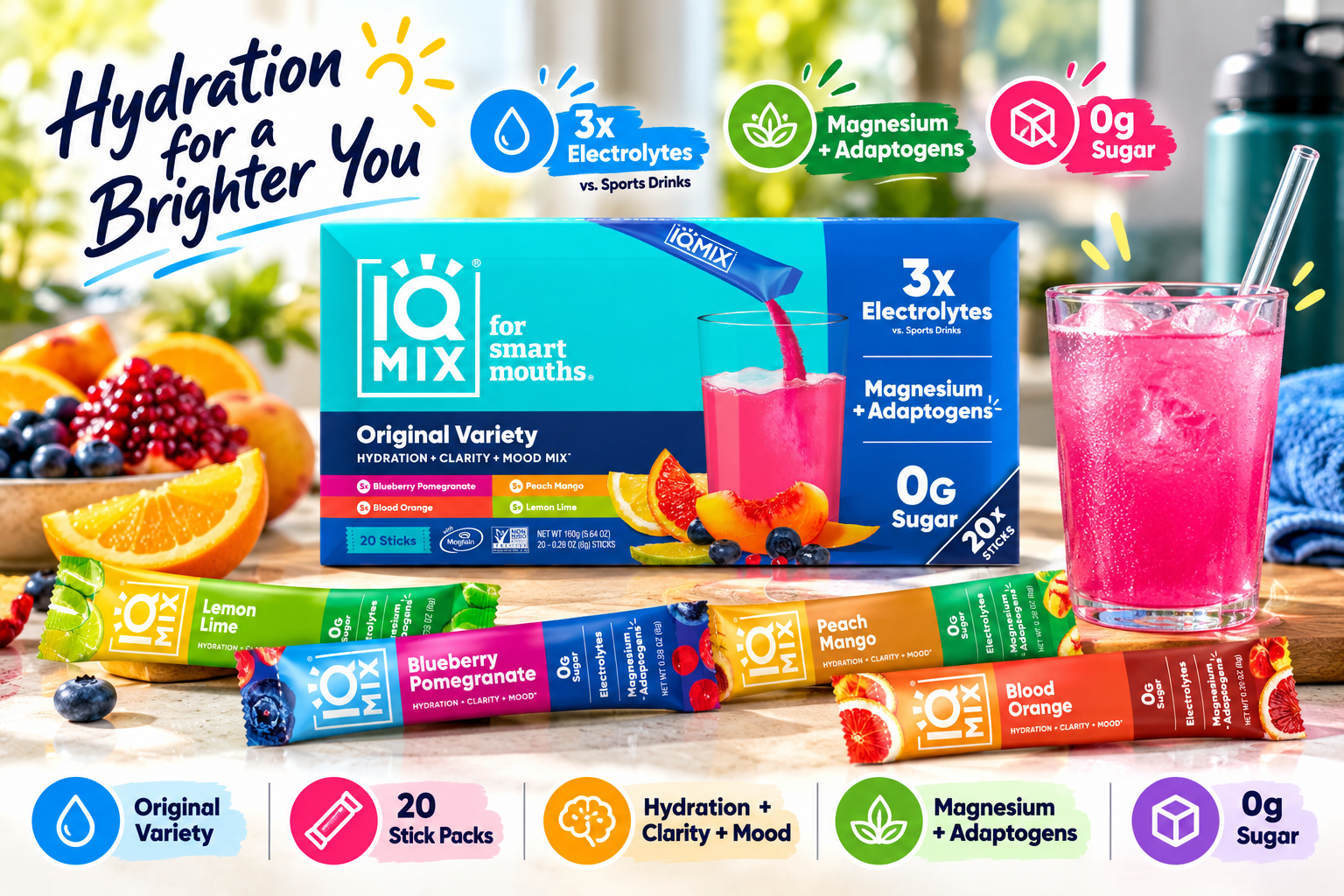 IQMIX Original Variety electrolyte powder displayed in a bright hydration scene with a blue 20-stick box, colorful Lemon Lime, Blueberry Pomegranate, Peach Mango, and Blood Orange packets, fresh fruit, and a vivid pink iced drink. Callouts highlight electrolytes, magnesium, adaptogens, and 0g sugar.