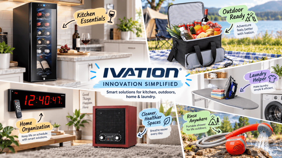 Ivation lifestyle collage featuring a wine cooler, electric cooler bag, digital wall clock, wall-mounted ironing board, ozone generator, and portable shower in kitchen, outdoor, home, and laundry settings, with colorful feature callouts.