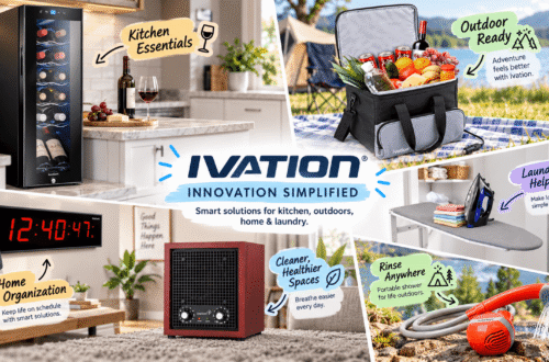 Ivation lifestyle collage featuring a wine cooler, electric cooler bag, digital wall clock, wall-mounted ironing board, ozone generator, and portable shower in kitchen, outdoor, home, and laundry settings, with colorful feature callouts.