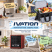 Ivation lifestyle collage featuring a wine cooler, electric cooler bag, digital wall clock, wall-mounted ironing board, ozone generator, and portable shower in kitchen, outdoor, home, and laundry settings, with colorful feature callouts.