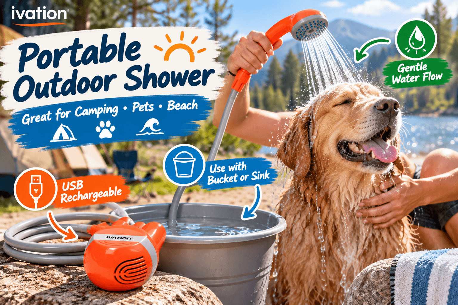 Orange Ivation portable outdoor shower being used to rinse a golden retriever at a lakeside campsite, with a water bucket, gray hose, shower head, and callouts for USB charging, gentle flow, and outdoor use.