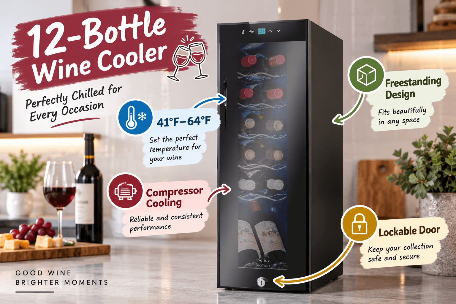 Black Ivation 12-bottle wine cooler displayed in a modern kitchen beside wine, glasses, grapes, and cheese, with graphic callouts highlighting the 41°F–64°F temperature range, compressor cooling, freestanding design, and lockable door.