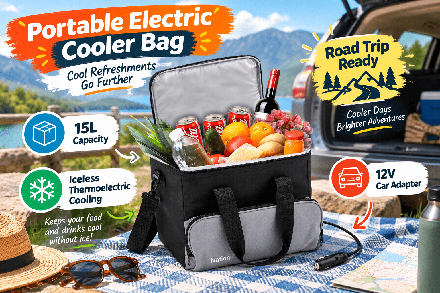 Ivation black-and-gray portable electric cooler bag filled with drinks, fruit, cheese, and snacks at a scenic road-trip picnic stop, with a 12V car adapter and callouts for 15L capacity and iceless thermoelectric cooling.