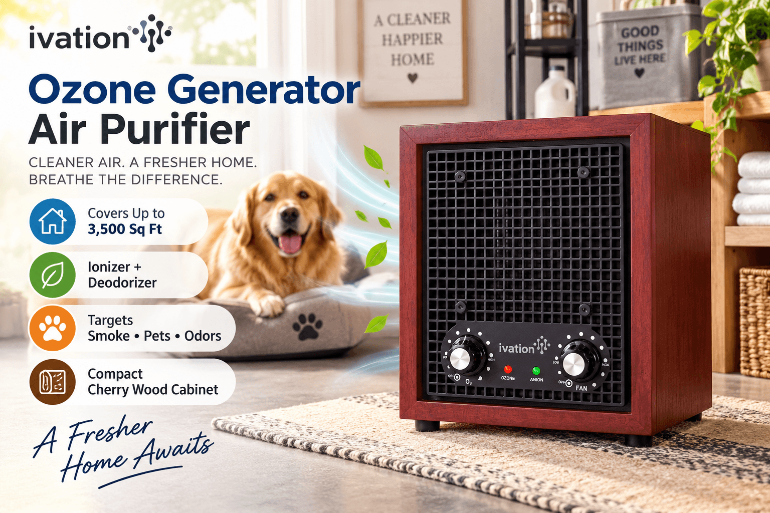 Cherry-wood Ivation ozone generator and ionizer displayed in a bright home interior with a golden retriever in the background, featuring illustrated callouts for up to 3,500 sq ft coverage, deodorizing, odor control, and compact cabinet design.