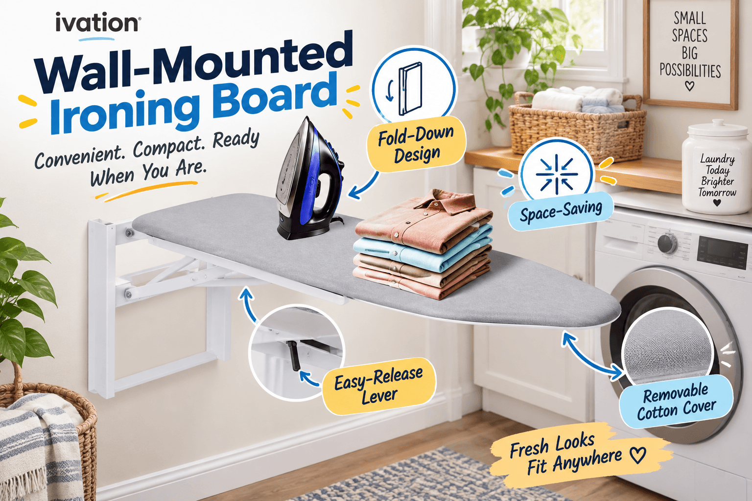 Ivation wall-mounted ironing board extended in a compact laundry room with an iron and folded shirts, surrounded by callouts for fold-down storage, space-saving design, easy-release lever, and removable cotton cover.