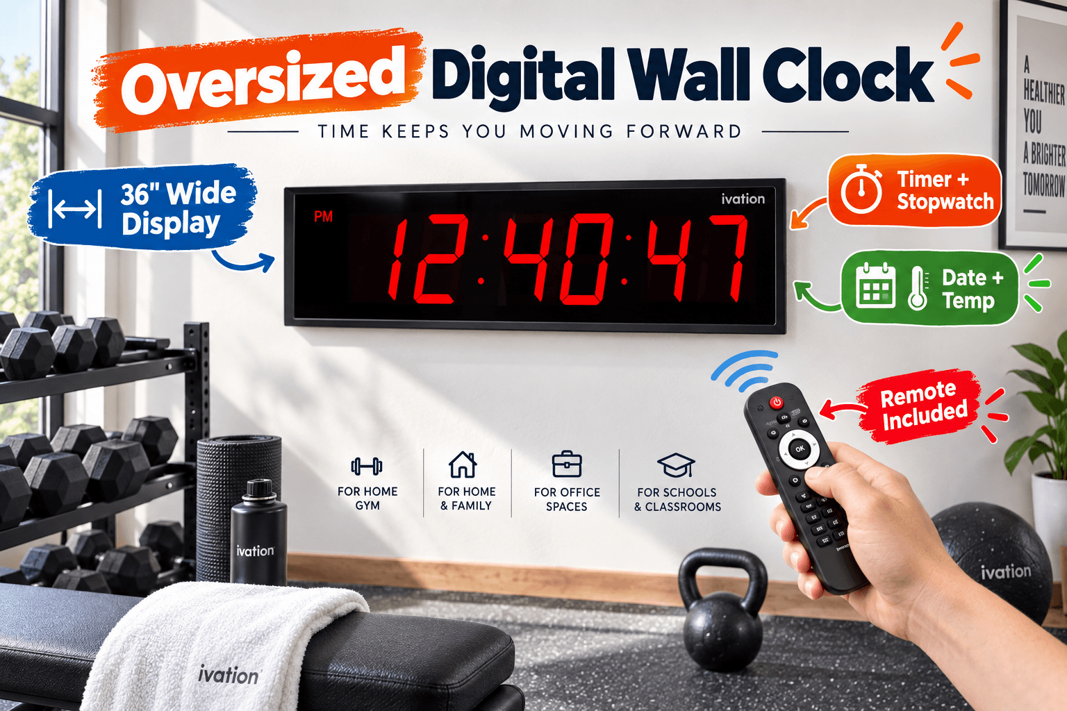 Large Ivation digital wall clock with bright red LED numbers mounted in a home gym, shown with a handheld remote and callouts for a 36-inch display, timer and stopwatch functions, date and temperature display, and remote control.