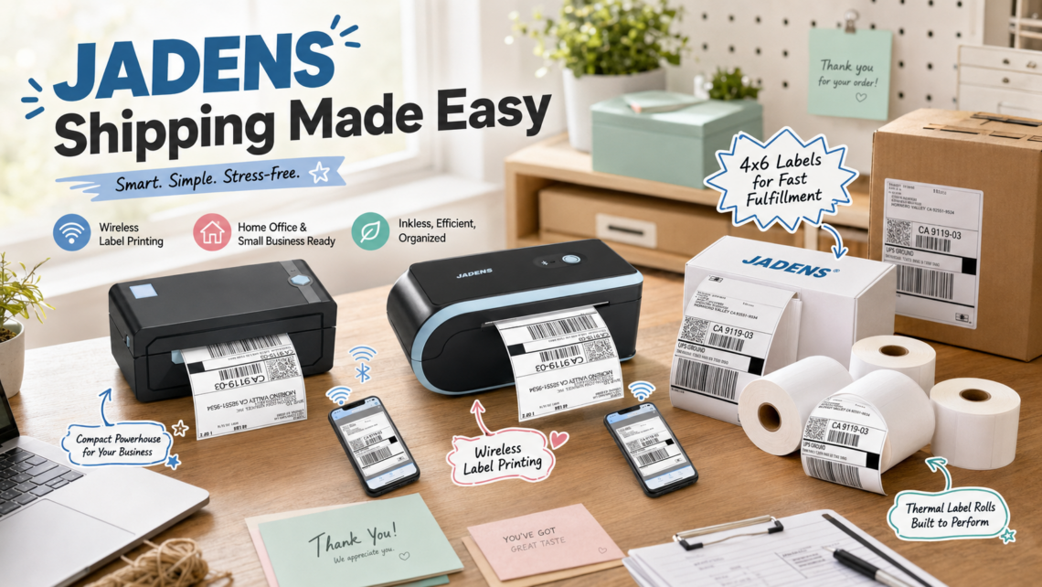 JADENS shipping workspace featuring two wireless thermal label printers, 4x6 shipping labels and label rolls on a home-office desk, highlighting wireless printing, inkless operation and small-business fulfillment.