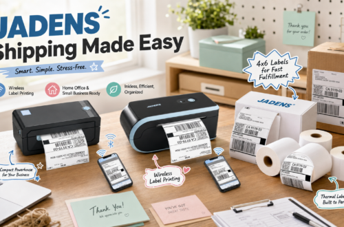 JADENS shipping workspace featuring two wireless thermal label printers, 4x6 shipping labels and label rolls on a home-office desk, highlighting wireless printing, inkless operation and small-business fulfillment.