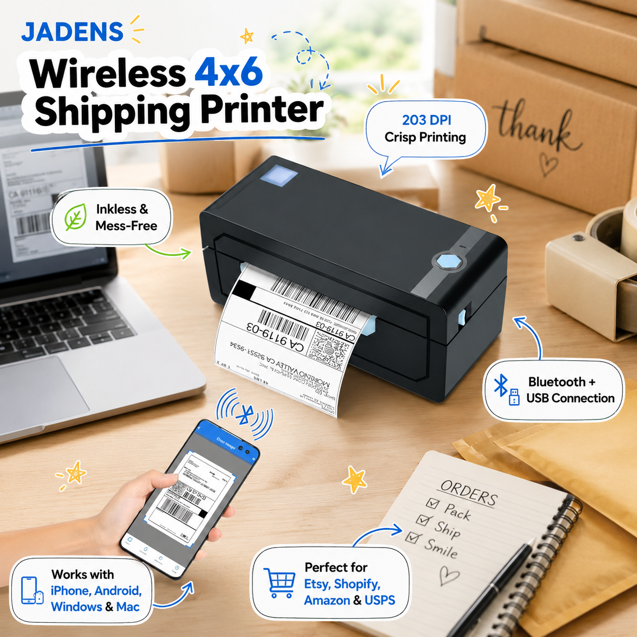 JADENS wireless 4x6 thermal shipping label printer in a home packing workspace, featuring Bluetooth and USB connectivity, 203 DPI printing, inkless operation and smartphone label printing.
