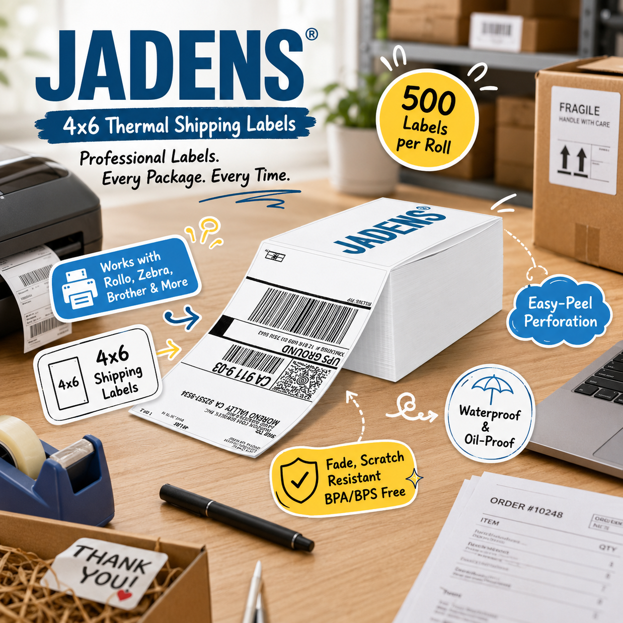 JADENS 4x6 thermal shipping labels displayed at a small-business packing station, featuring 500 labels per roll, easy-peel perforation, waterproof and oil-resistant construction, and broad printer compatibility.