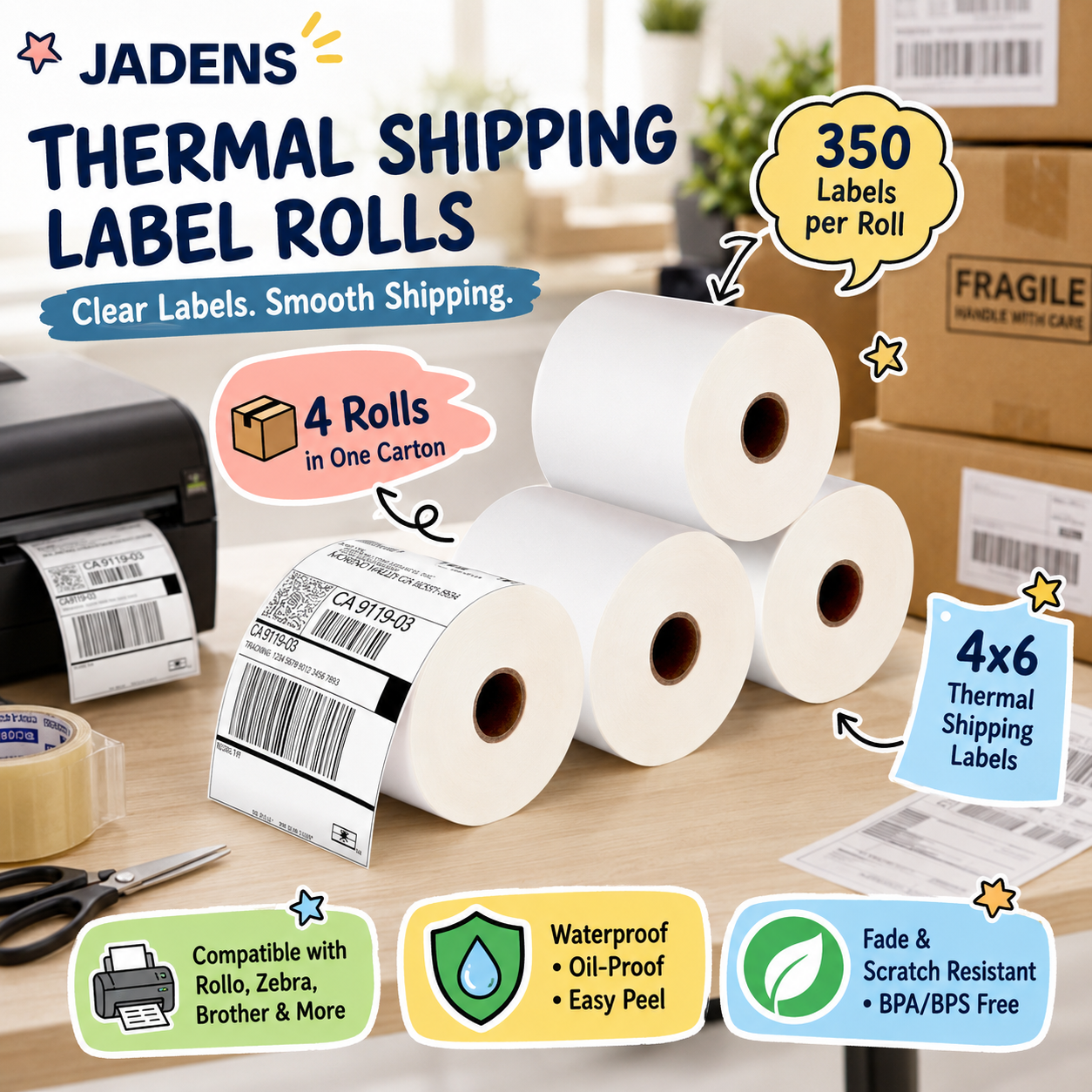 Four rolls of JADENS 4x6 thermal shipping labels at a packing station, with 350 labels per roll and callouts for waterproof, oil-resistant, easy-peel, fade-resistant and broad thermal printer compatibility.