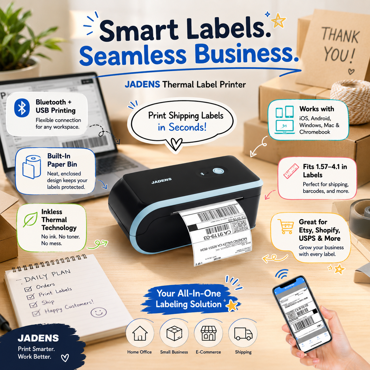 JADENS Bluetooth thermal label printer with built-in paper bin on a small-business desk, highlighting wireless and USB printing, inkless thermal technology, multi-device support and shipping label use.