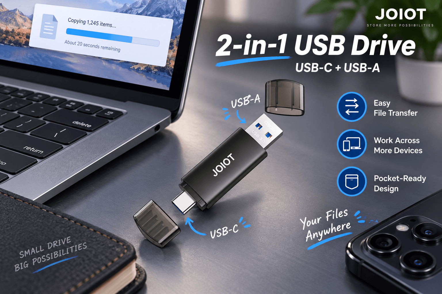 Black JOIOT 2-in-1 USB flash drive beside a laptop, showing both USB-A and USB-C connectors with the protective caps removed. Blue graphic callouts label “2-in-1 USB Drive,” “USB-C + USB-A,” “Easy File Transfer,” and “Pocket-Ready Design,” emphasizing convenient cross-device file transfer.