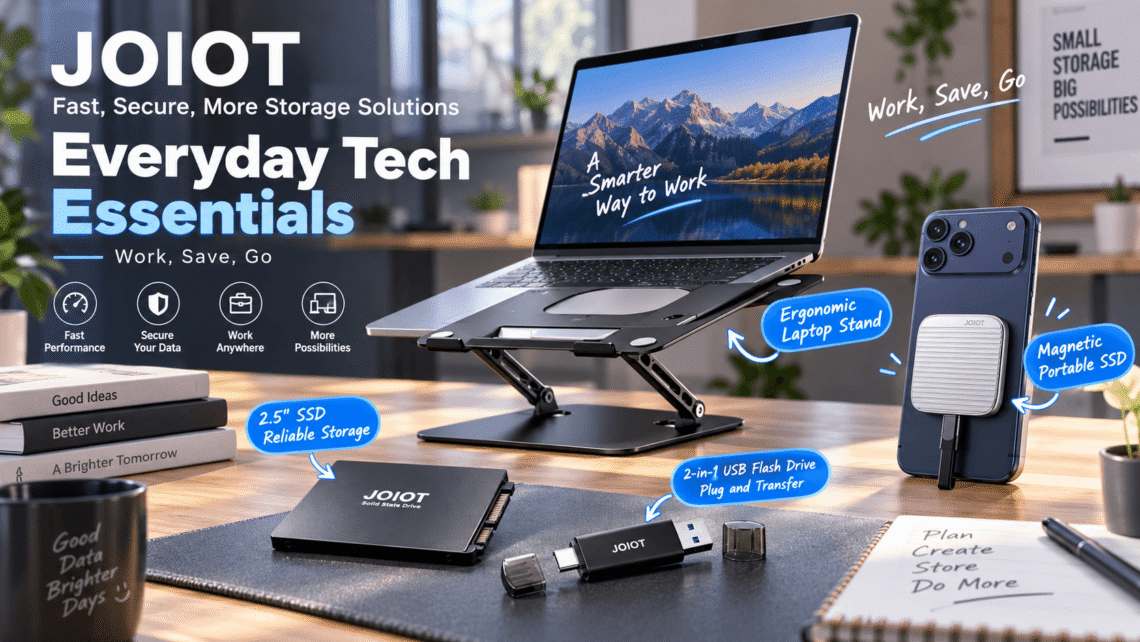 JOIOT tech essentials displayed in a modern workspace, featuring an adjustable laptop stand, 2.5-inch SSD, dual-interface USB flash drive, and magnetic portable SSD attached to a phone. English callouts such as “Everyday Tech Essentials” and “Work, Save, Go” highlight portable storage and everyday productivity.